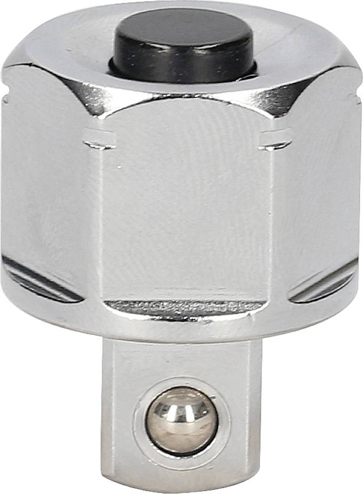 Ein silberner Metall-Adapter mit schwarzem Knopf auf der Oberseite, möglicherweise ein Werkzeug-Verbinder oder -Adapter.