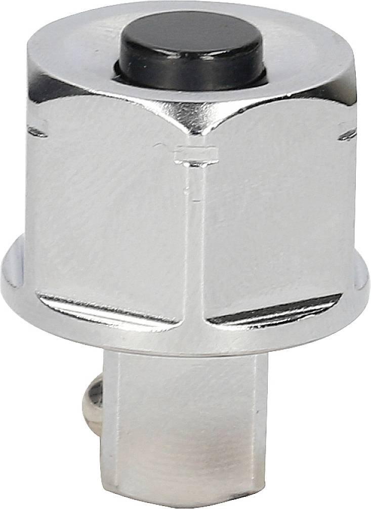 Ein silbernes Metallteil mit einem schwarzen Knopf oben, vermutlich ein mechanisches oder elektronisches Bauteil.