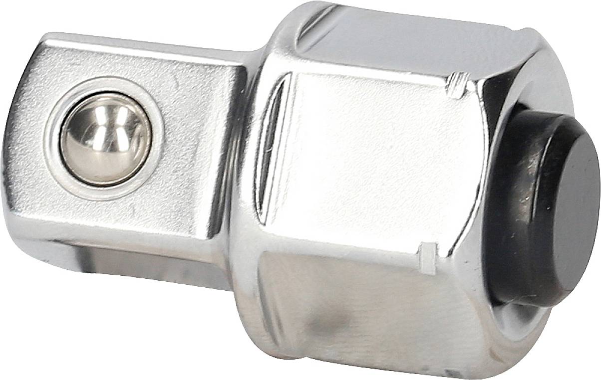Ein silberner Stecknussadapter mit schwarzem Knopf, dreht sich um eine Achse. Wichtig für mechanische Verbindungen und Werkzeuge.