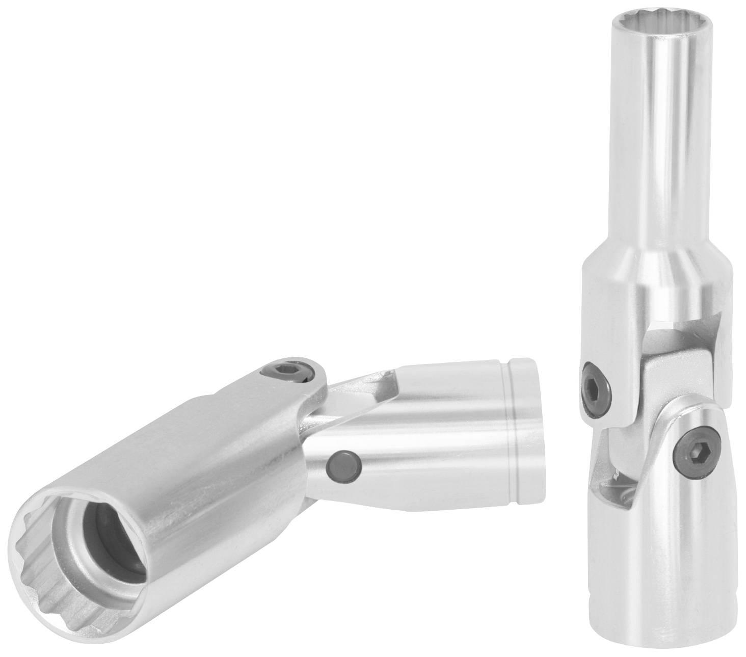 Zwei silberne mechanische Kupplungen oder Gelenke, eines liegend und eines stehend. Sie zeigen Details der Konstruktion.