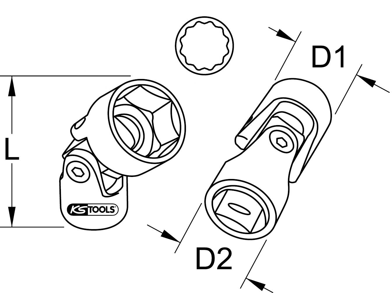 Technische Zeichnung eines Gelenk-Schraubenschlüssels mit Maßen D1, D2, L. Zeigt Details des Designs und der Gelenkfunktionalität.