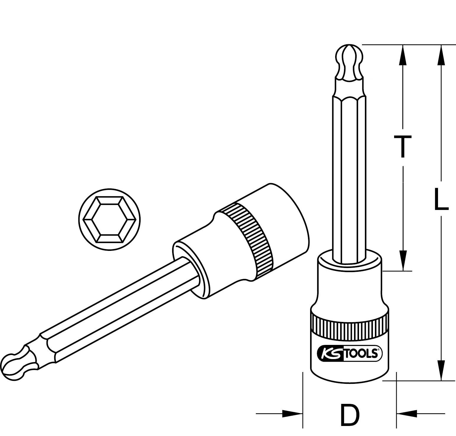 Abbildung zeigt eine Sechskant-Stecknuss mit Kugelkopf von KS Tools, illustriert mit Maßdaten: Durchmesser (D), Gesamtlänge (L), Teilgesamtlänge (T).