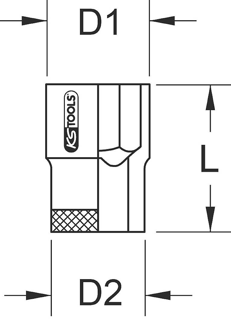 Diagramm eines Werkzeugs mit Maßen 'D1', 'D2' und 'L'. Das Werkzeug hat ein gerändeltes Ende und ist mit 'KS Tools' markiert.