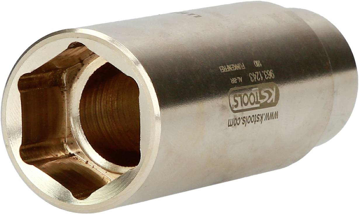 Metallische Sechskant-Stecknuss von KS Tools, zylindrisch geformt, mit Innengewinde am offenen Ende und Herstellerbeschriftung.