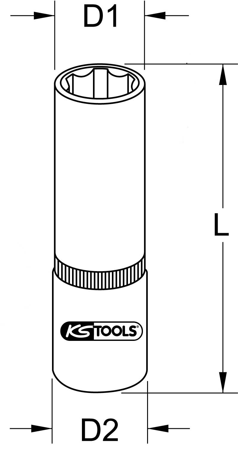 Abbildung eines Sechskant-Schlagschrauber-Einsatzes von KS Tools mit den Maßen D1, D2 und L, die auf den Zeichnung angegeben sind.