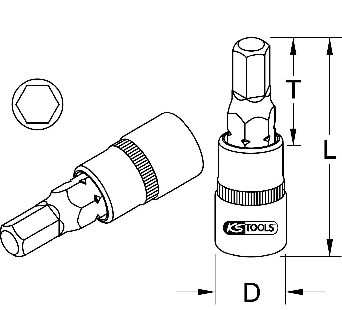 Abbildung zeigt Schraubenkopf und Steckaufsatz von KS Tools mit den Maßen 'D', 'T' und 'L'. Ideal zum Anziehen und Lösen von Schrauben.