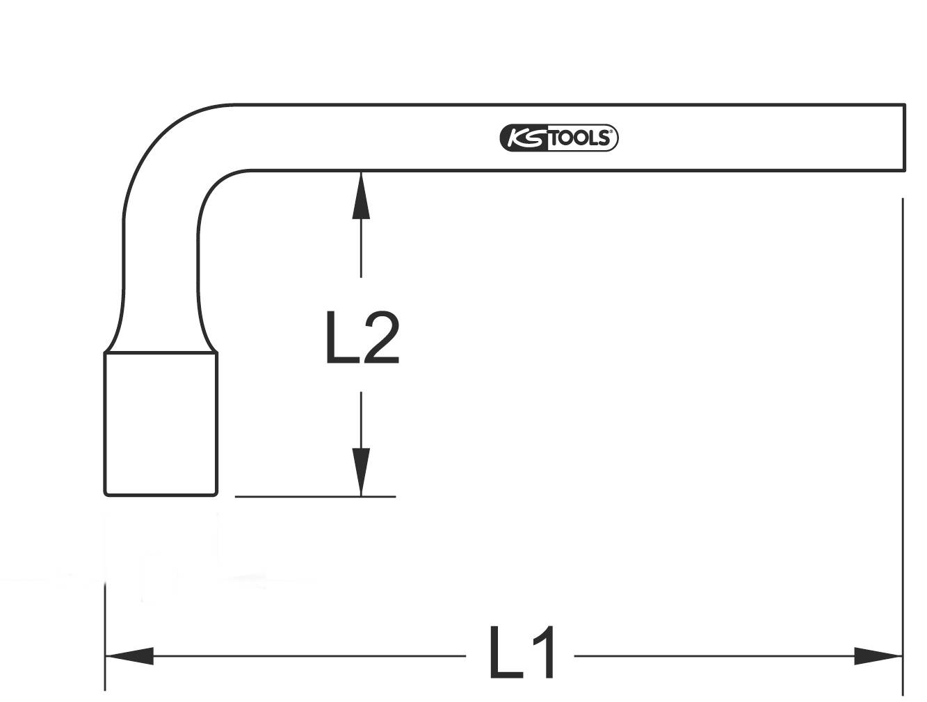 Albuschlüssel mit Abmessungen: Länge L1 und L2 sind markiert. KS Tools Logo auf dem Schraubenschlüssel sichtbar.
