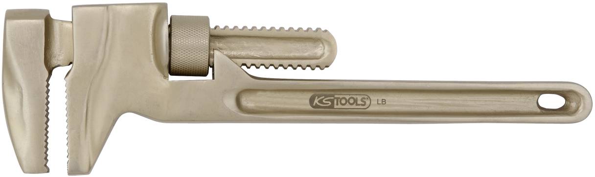 Ein verstellbarer Schraubenschlüssel aus Metall mit gezacktem Griff, ideal zum Greifen und Drehen von Rohren oder runden Objekten.