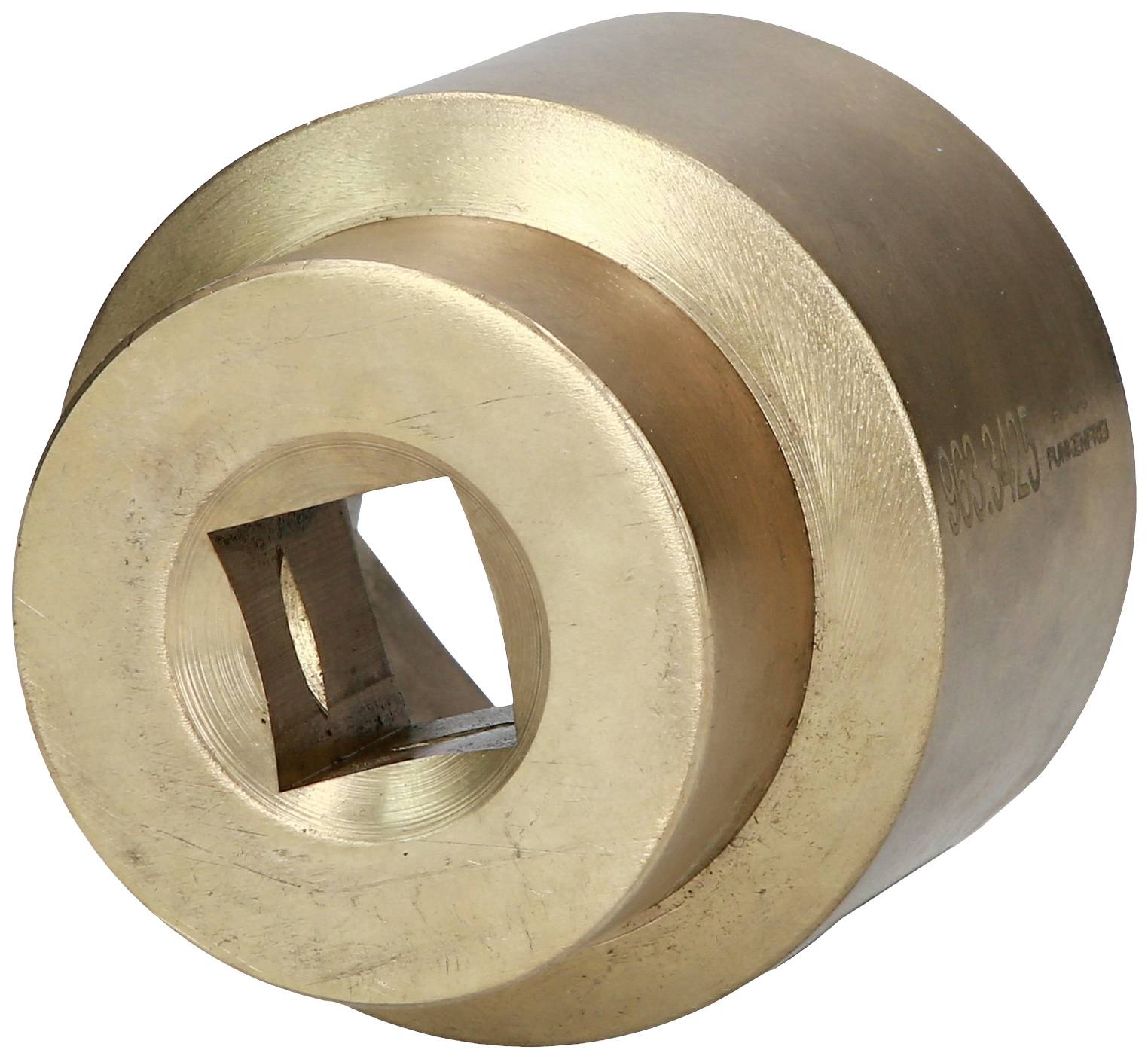 Messingzylinder mit quadratischem Innengewinde, metallisch glänzend, geeignet für mechanische Anwendungen und Präzisionsarbeit.