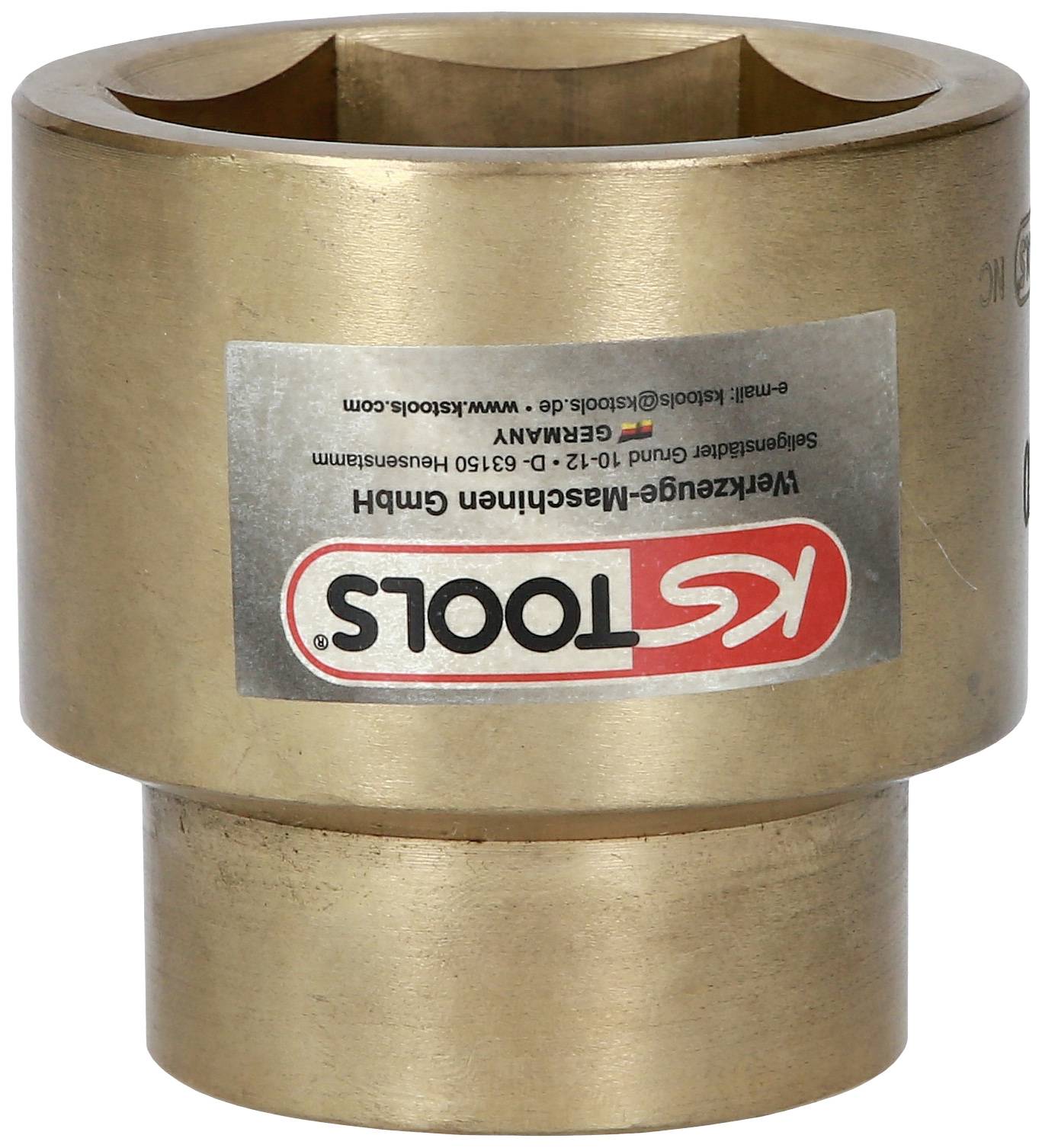 Messingfarbenes Werkzeugbauteil mit KS Tools-Logo und Firmeninformationen auf einem Metalletikett.