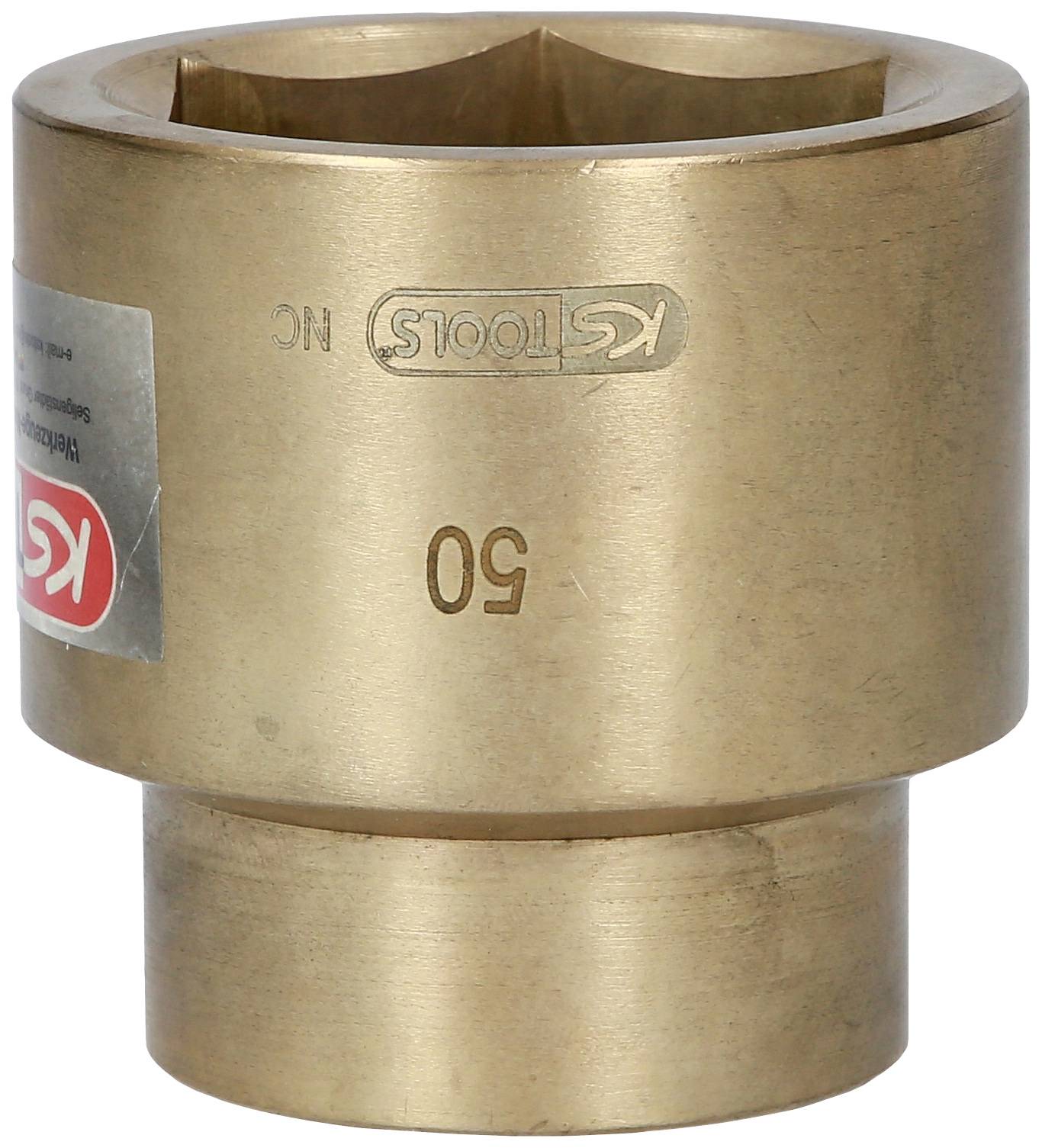 Metallisches Werkzeugteil mit der Gravur '50', zylinderförmig, goldene Farbe, seitliches Logo und Aufkleber mit Schriftzug 'KS Tools'.