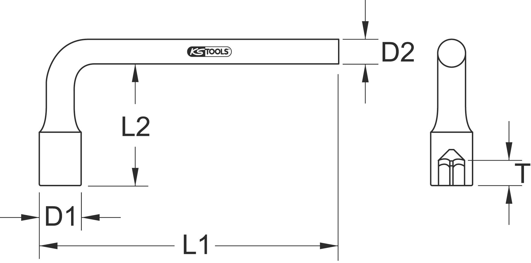 Abbildung eines Winkelschlüssels mit technischen Maßen, inklusive Länge (L1, L2), Durchmesser (D1, D2) und Stärke (T).