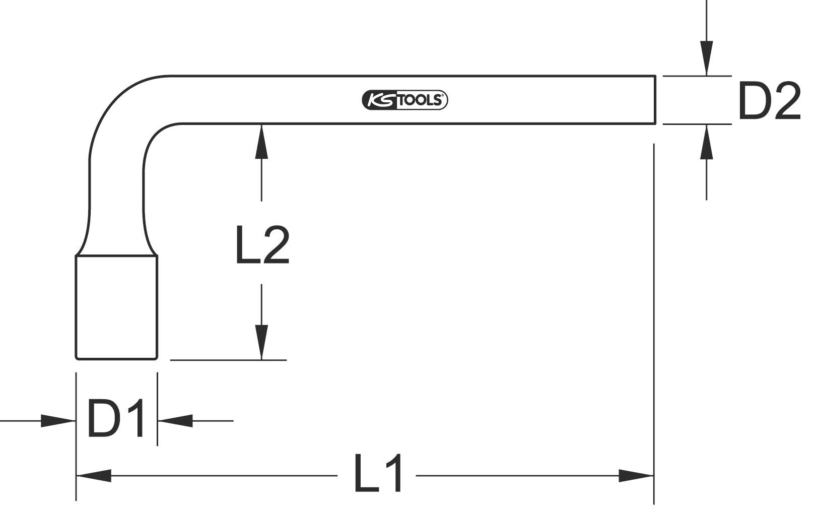 'Technische Zeichnung eines Winkelschlüssels': Ein L-förmiger Schraubenschlüssel mit Markierung der Längen und Durchmesser D1, D2, L1, L2.