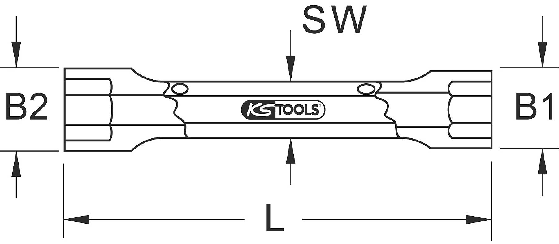 Schraubenschlüssel-Schema mit Maßen: B1, B2, L, SW. Markenlogo in der Mitte. Geeignet für technische Zeichnungen und Werkzeugbeschreibung.