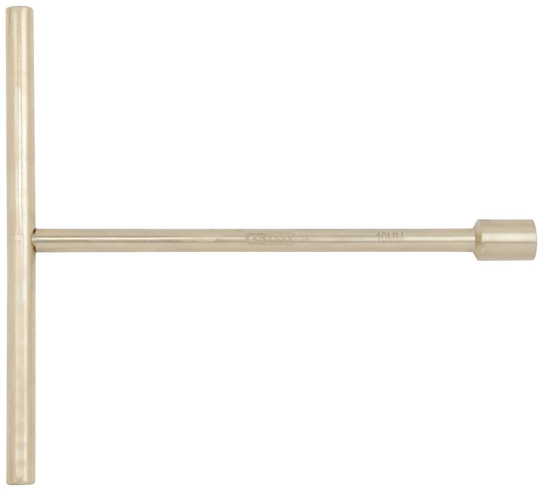 Ein T-Schlüssel aus Metall mit langem Griff und sechseckigem Kopf, zur Anwendung im Handwerk oder bei mechanischen Arbeiten.