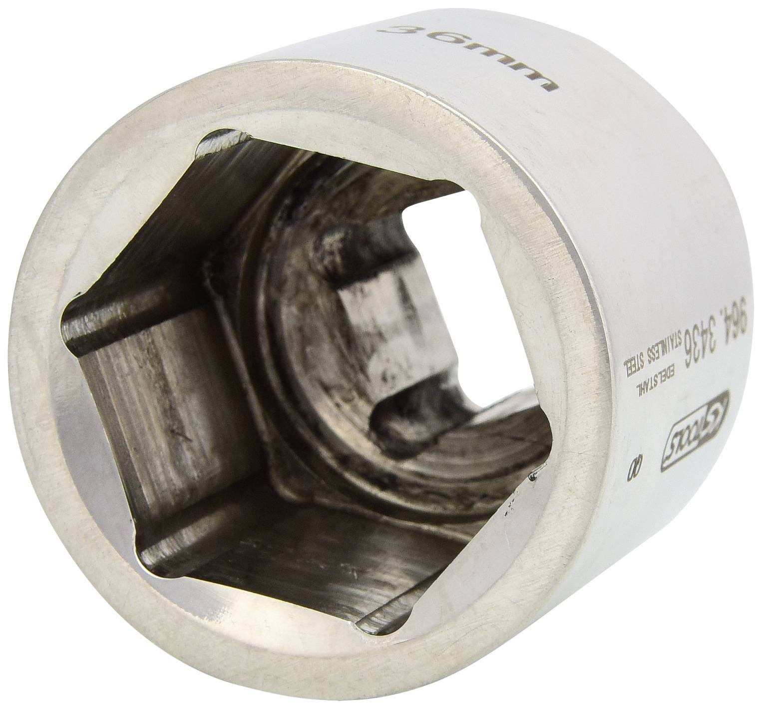 Metallbuchse mit sechseckiger Innenform, außen mit der Aufschrift '36 mm', verwendet als Werkzeugteil.
