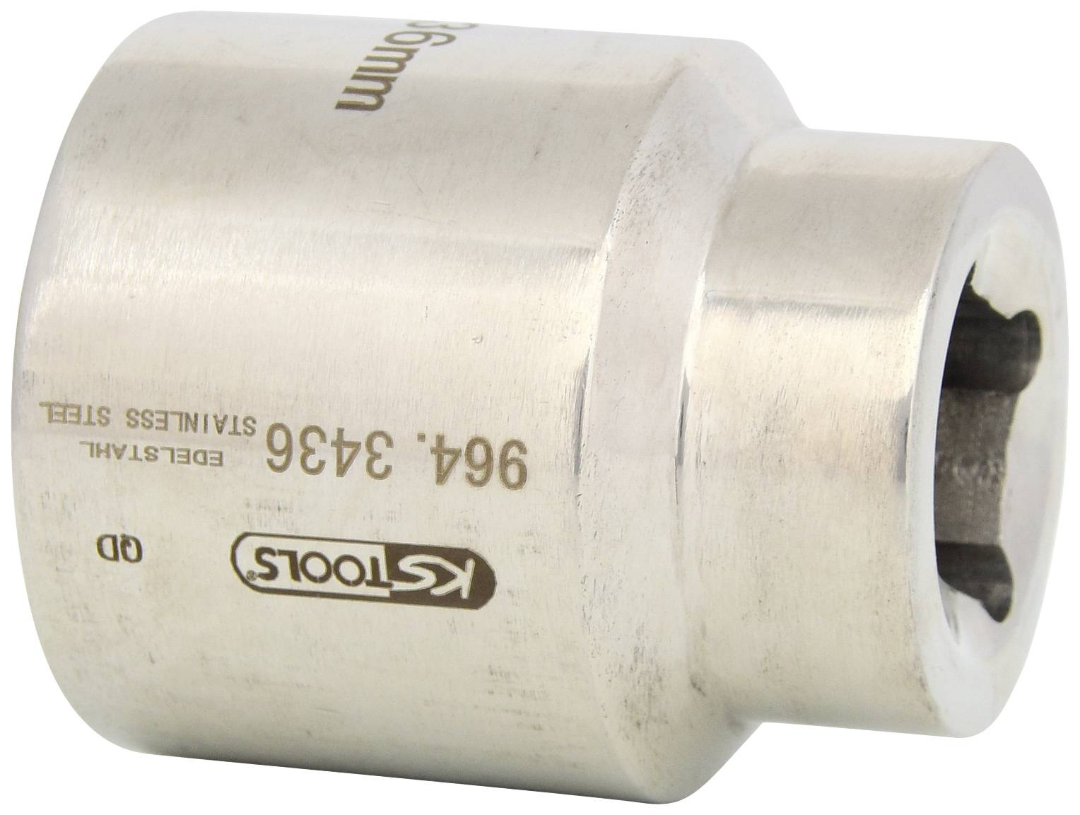 Abgebildet ist eine Edelstahl-Stecknuss von KS Tools, markiert mit '19 mm' und '96 4 3436'.
