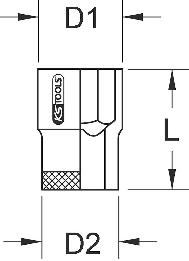 Technische Zeichnung eines Werkzeugadapters mit Maßangaben: Durchmesser D1 und D2 sowie Länge L. Logo 'KS Tools' sichtbar.