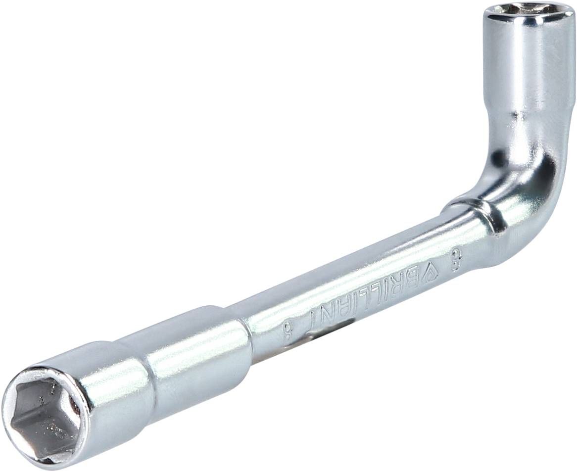 Silberner L-förmiger Steckschlüssel mit sechseckiger Öffnung, geeignet zum Lösen oder Festziehen von Schrauben und Muttern.