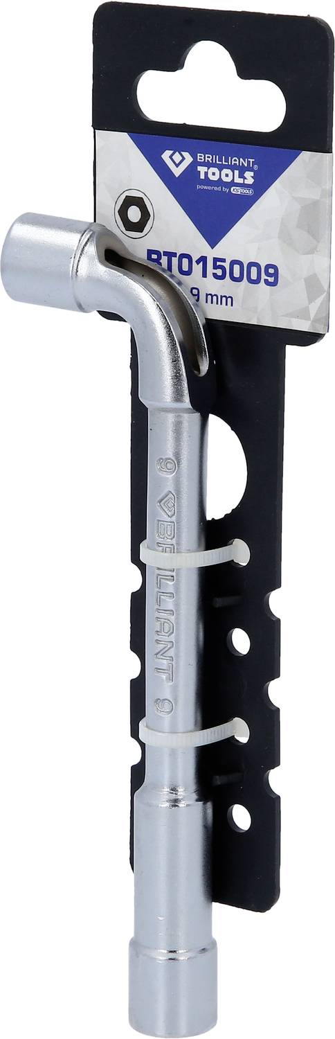 Steckschlüssel mit Verpackung, Größe 9 mm, angelehnt an eine schwarze Halterung, Marke Brilliant Tools, Modellnummer BT015009.