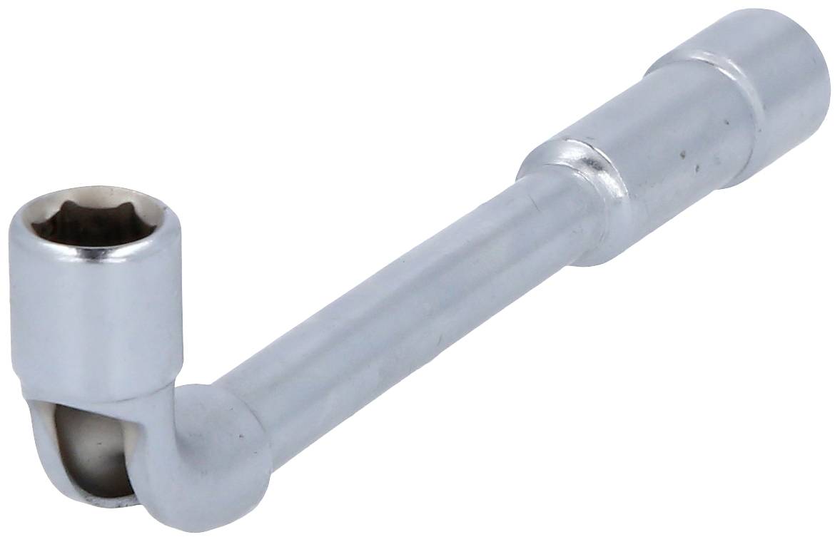 Silberner Gelenksteckschlüssel in L-Form. Eignet sich für schwer zugängliche Schrauben oder Muttern.