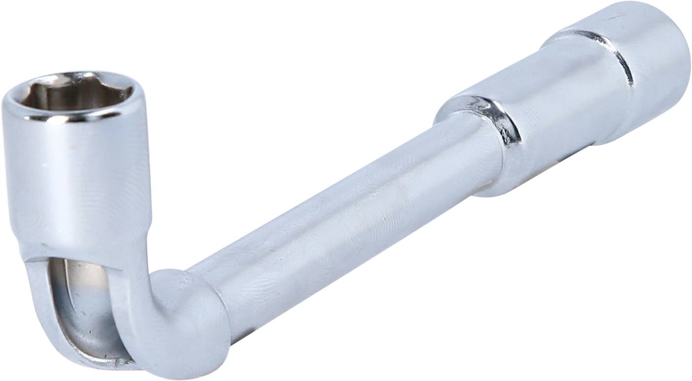 Ein verchromter Winkelschraubenschlüssel mit langem Hebelarm und runder Schrauböffnung am Ende.
