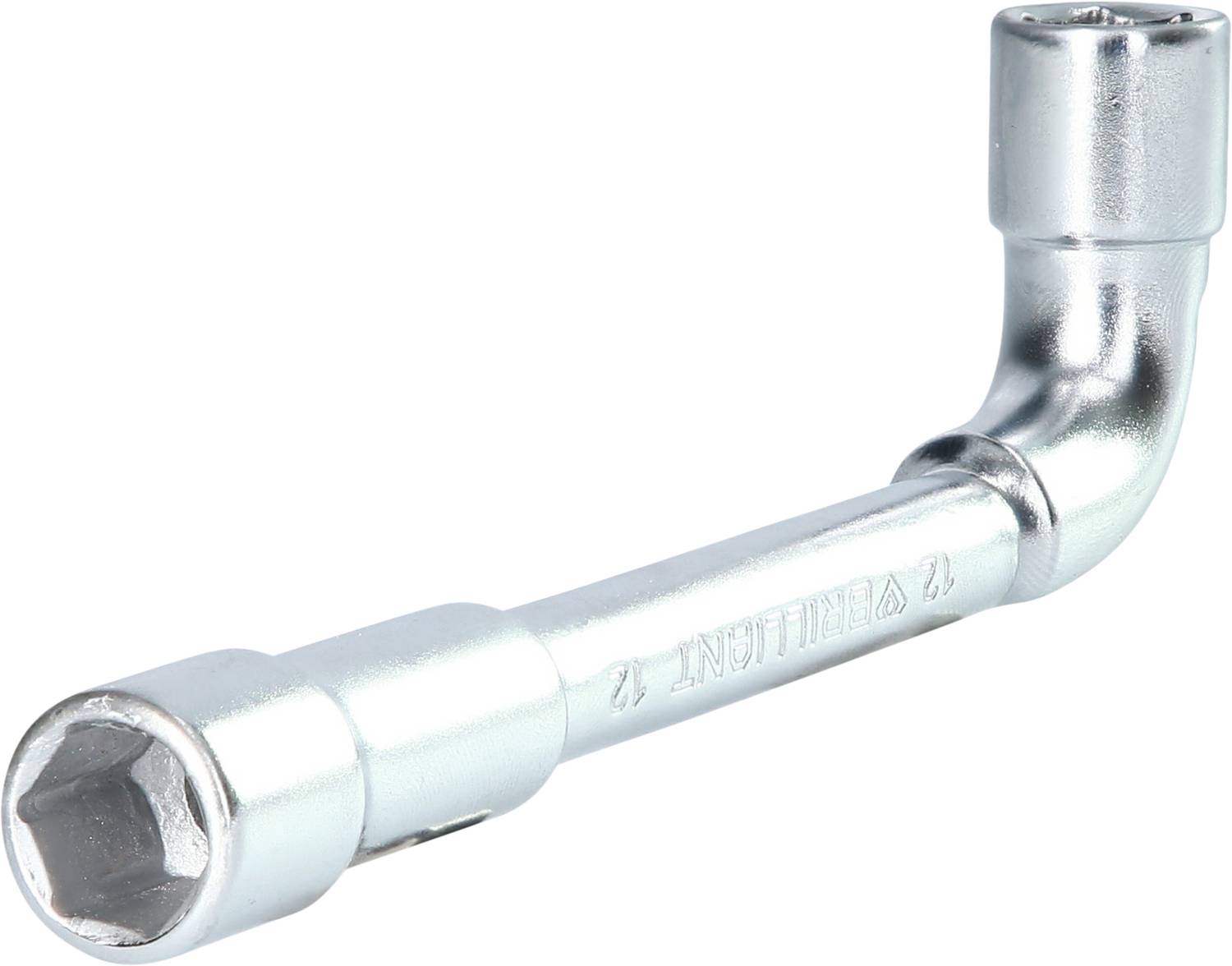 Ein silberner Winkelschraubenschlüssel mit einem sechskantigen Kopf. Das Werkzeug hat eine L-Form und ist aus Metall gefertigt.