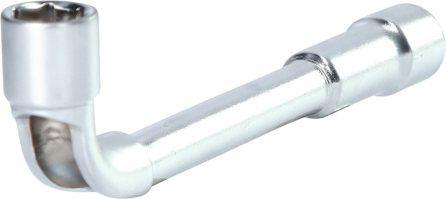 Ein verchromter Rohrsteckschlüssel mit einem gebogenen Ende, das sich um 90 Grad biegt, wird gezeigt. Ideal für schwer zugängliche Stellen.