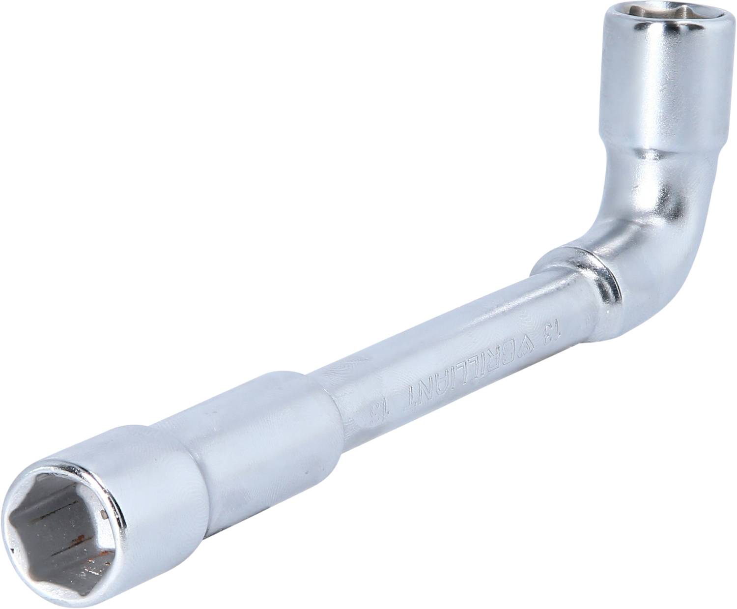 Ein silberfarbener Winkelschraubenschlüssel, geeignet zum Lösen oder Anziehen von Schrauben an schwer zugänglichen Stellen.