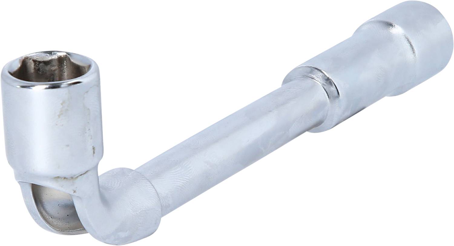 Ein silberner Winkelschraubenschlüssel mit einem runden Griffende und einem sechskantigen Kopf zum Anziehen oder Lösen von Schrauben.