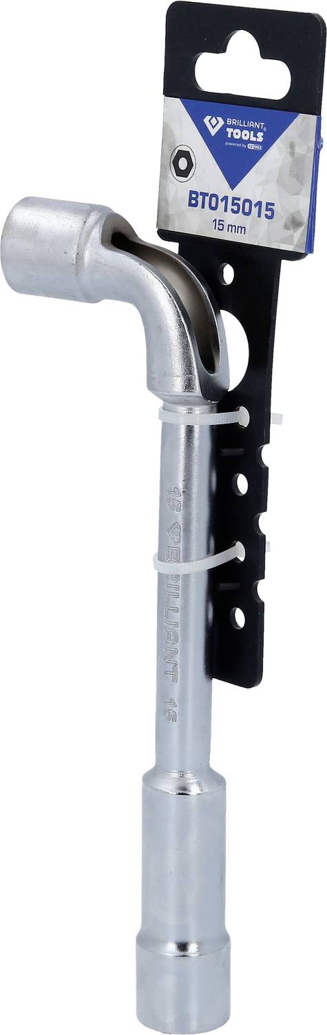 'Rohr-Schlüssel 16 mm' hängt an einem schwarzen Halter. Geeignet zum Lösen von Muttern und Schrauben. Silberfarben, mit Etikett oben.