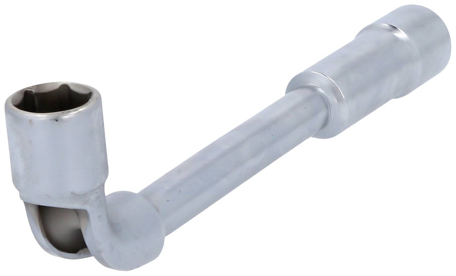 Silberner Radmutternschlüssel, L-förmiges Design für das Lösen oder Anziehen von Schrauben an Fahrzeugrädern.