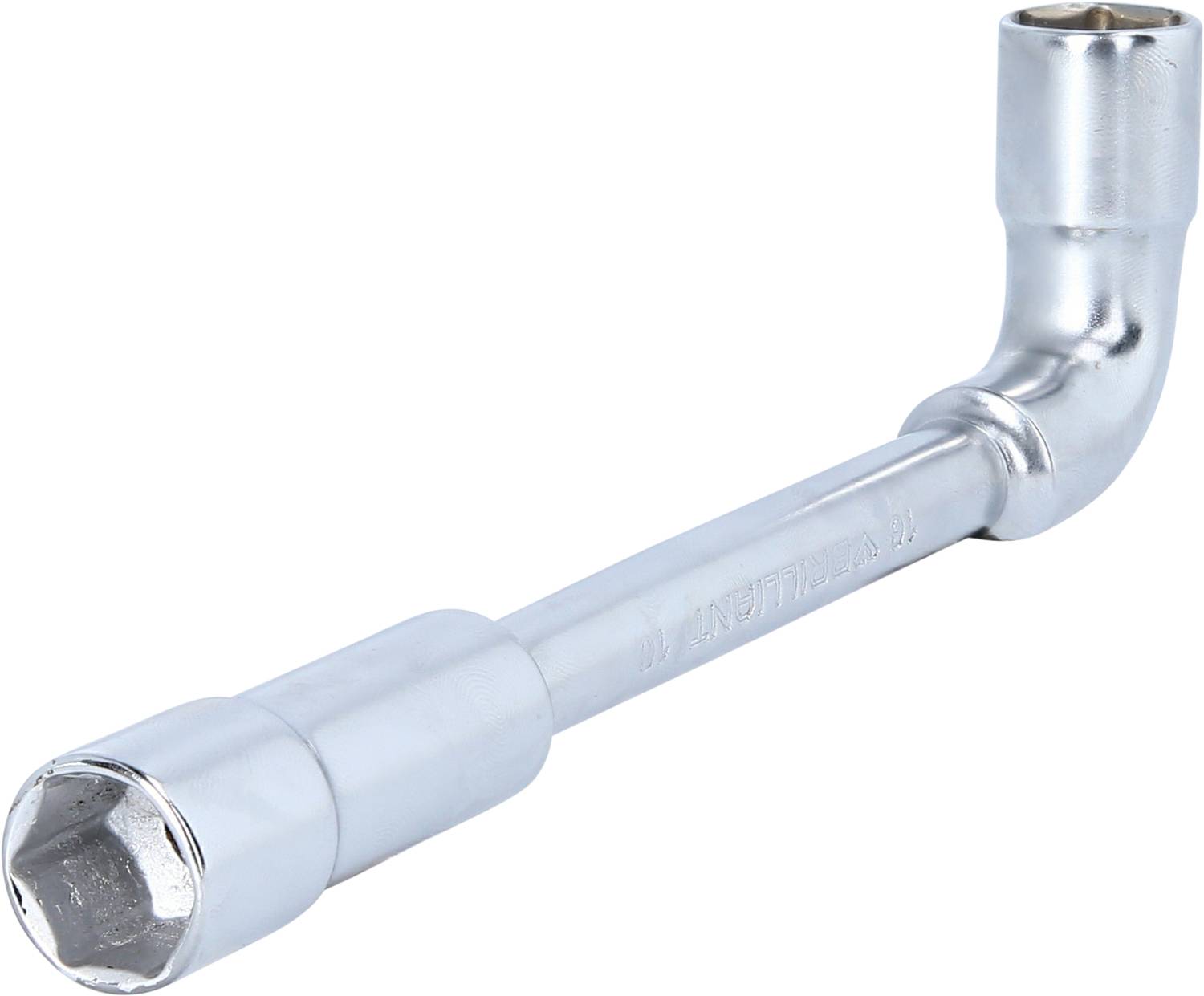 Ein gebogener Schraubenschlüssel aus Metall, typischerweise zum Anziehen von Schrauben oder Muttern mit sechskantigem Kopf verwendet.