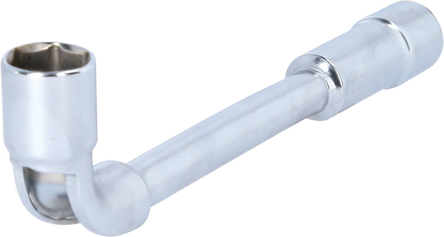 Ein silberner Winkelschraubenschlüssel in L-Form, geeignet zum Lösen von Schrauben an schwer zugänglichen Stellen.