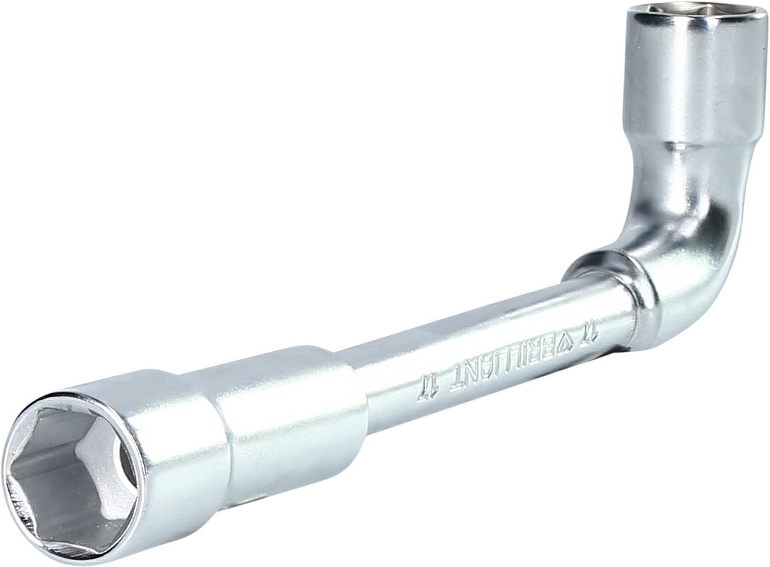 Ein verchromter Winkelschraubenschlüssel, zur Verwendung bei schwer zugänglichen Muttern und Schrauben, abgebildet auf weißem Hintergrund.