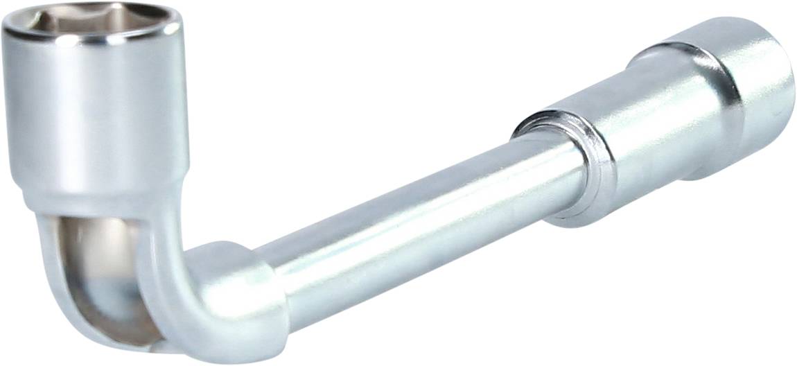 Silberner L-förmiger Steckschlüssel mit einem langen Griff und einer Sechskantöffnung an einem Ende, geeignet für Schraubarbeiten.