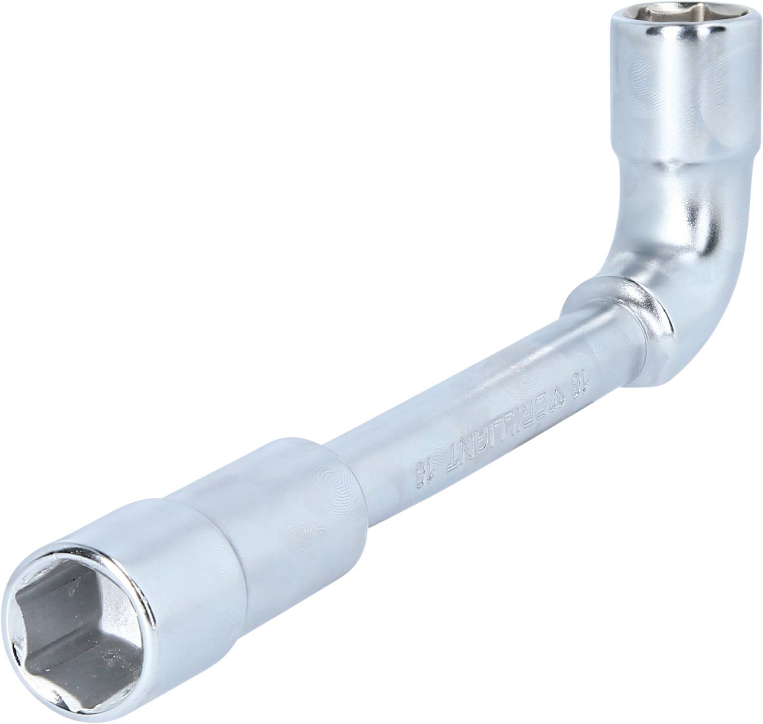 Ein silberner, L-förmiger Schraubenschlüssel, auch bekannt als Winkel- oder Rohrschlüssel, auf weißem Hintergrund.