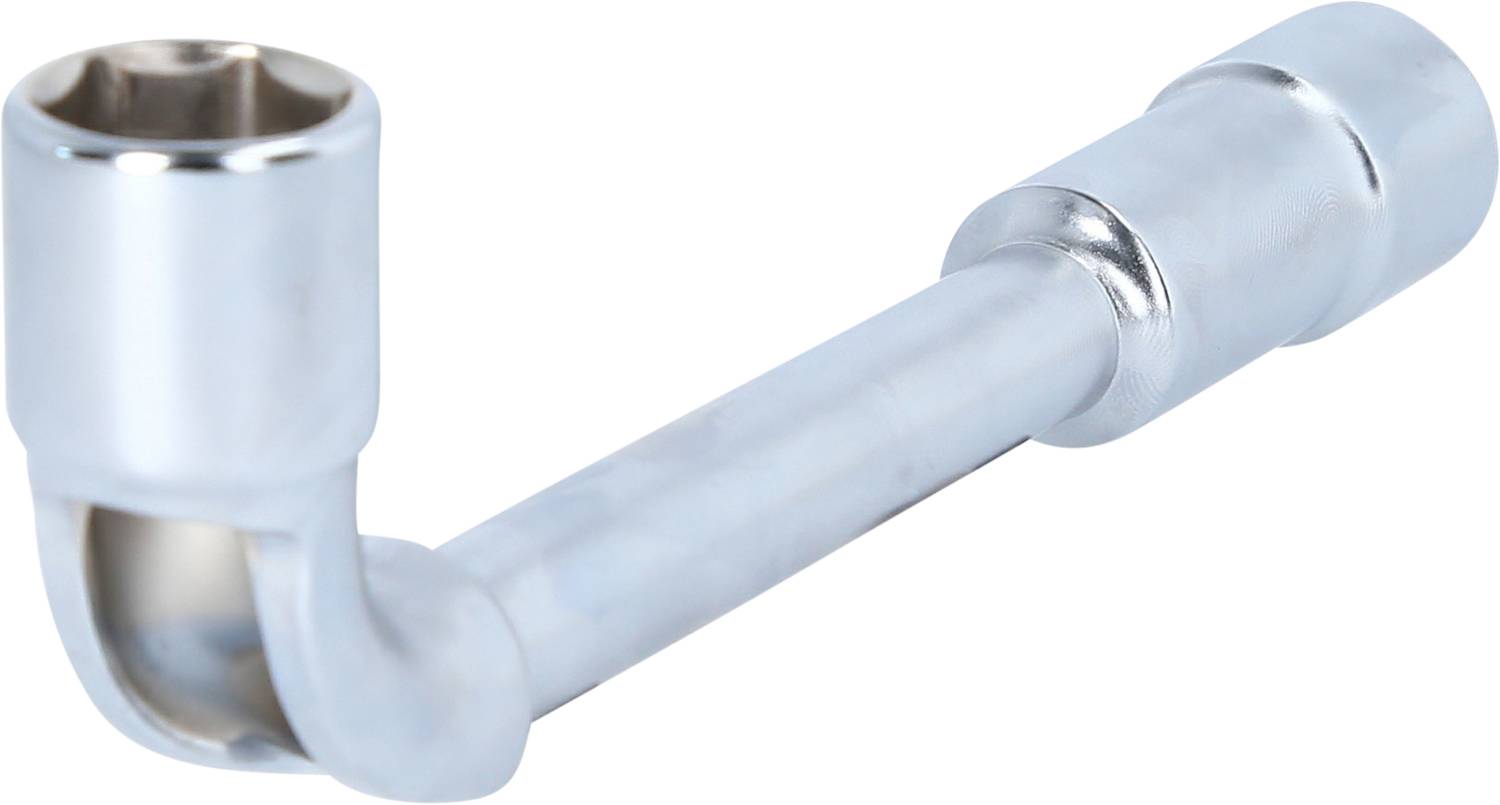 Silberfarbener, abgewinkelter Werkzeugadapter, ähnlich einem Rohrschlüssel, zur Verbindung von zwei unterschiedlichen Anschlüssen.
