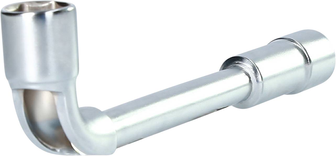 Silberner Metallwinkel-Schlüssel mit einem L-förmigen Design und zwei Steckschlüsseleinsätzen an den Enden.