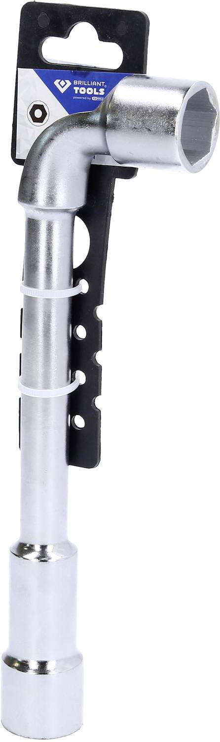 Ein silberner, gebogener Steckschlüssel mit Griff, an einer schwarzen Verpackung befestigt, markiert als Werkzeug.