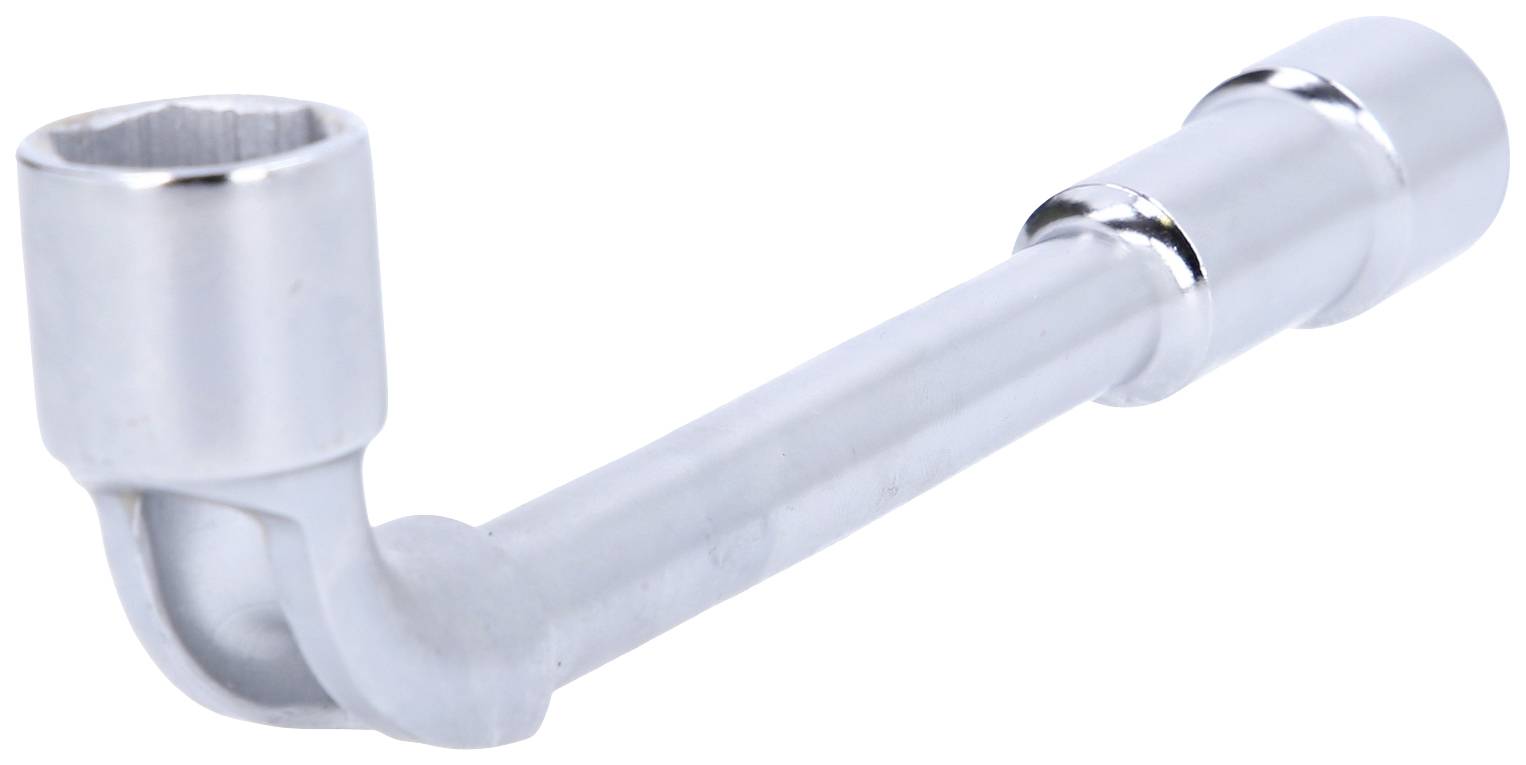 Ein silberner Winkelschlüssel mit sechskantiger Öffnung auf einem weißen Hintergrund.