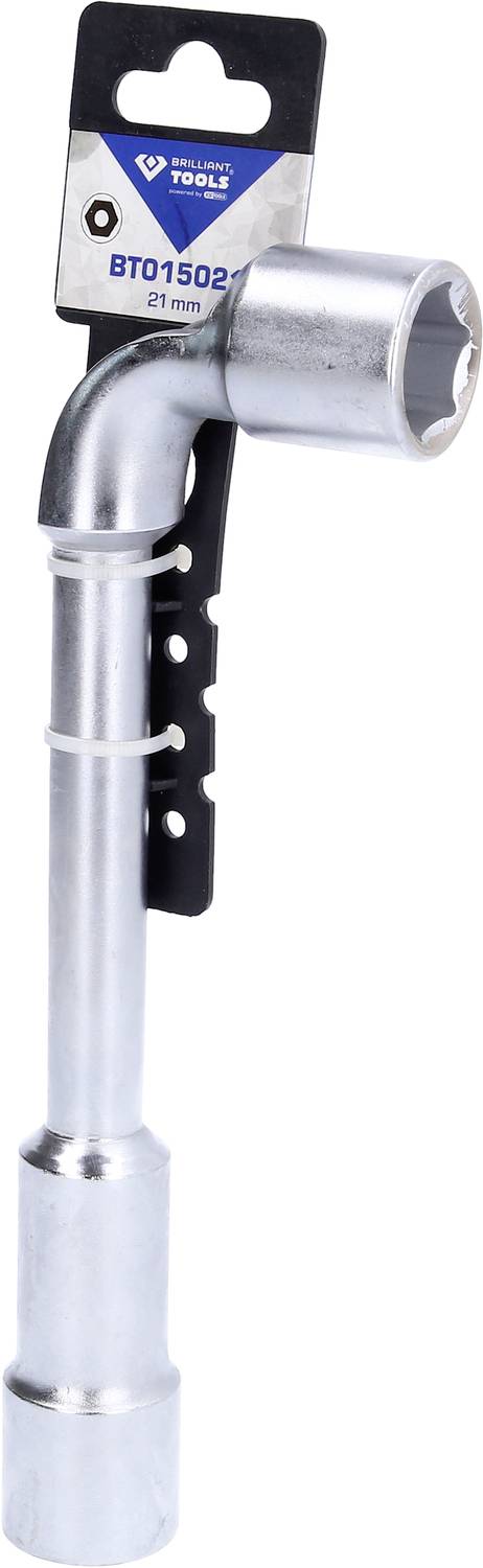Ein silberner Rohrschlüssel mit einem Etikett mit der Aufschrift 'BT01502' und '21 mm', aufgehängt an einer schwarzen Halterung.