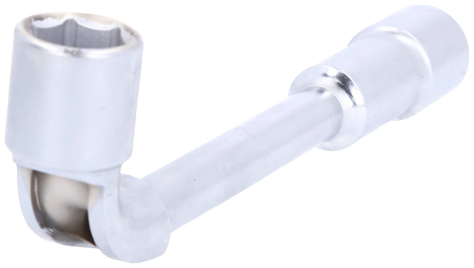 Ein silberner Winkelschlüssel, verwendet zum Anziehen oder Lösen von Muttern und Schrauben.