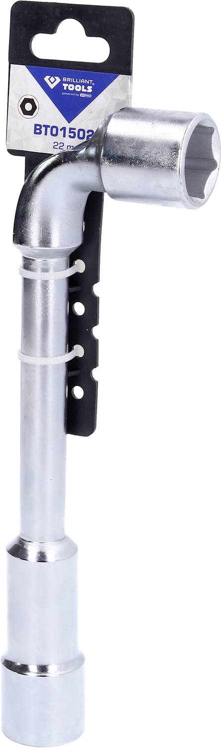 Silberner Zündkerzenschlüssel mit Griff und Etikett, geeignet für Montage- und Reparaturarbeiten in der Automobilindustrie.