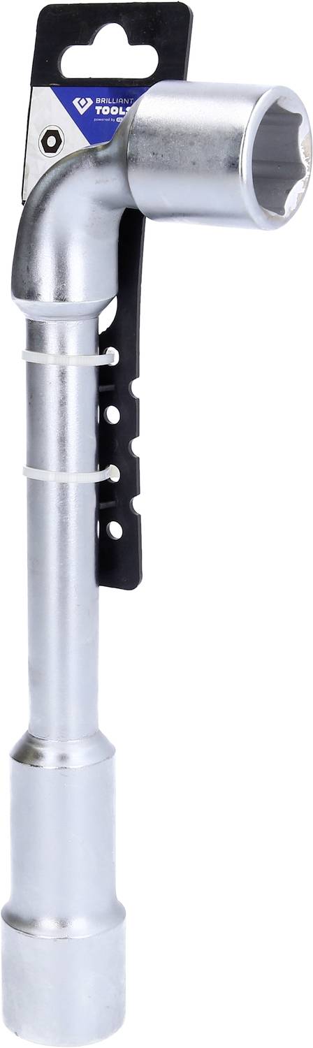 Ein silberfarbener Rohrsteckschlüssel mit einer Stecknuss an einem Ende. Wird zum Lösen oder Festziehen von Muttern und Schrauben verwendet.