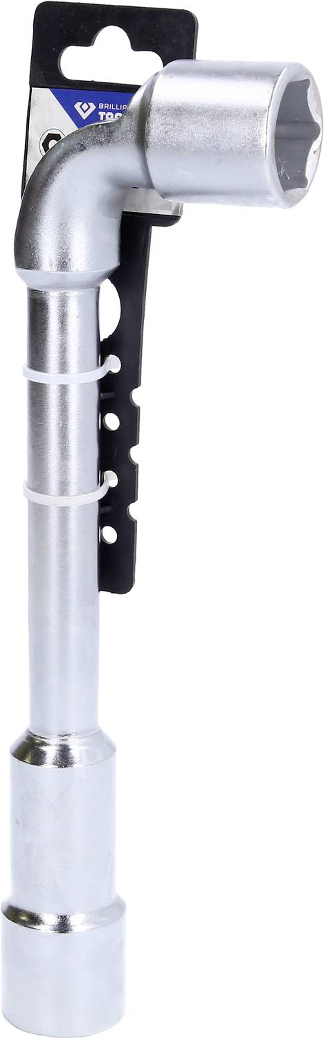 Ein silberner Radmutterschlüssel mit einem Griff, befestigt an einer schwarzen Kunststoffhalterung. Werkzeug zur Reifenmontage.