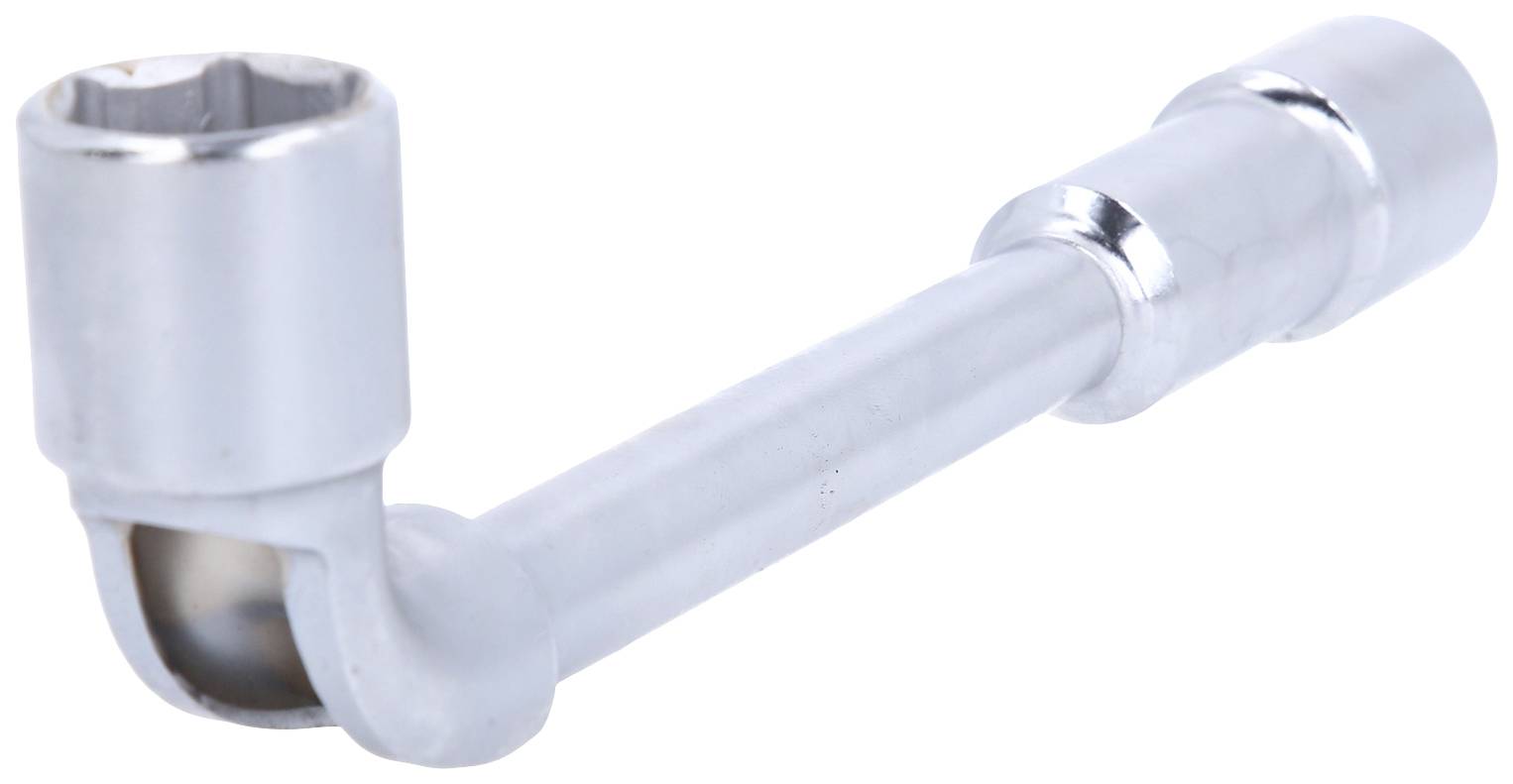 Ein silberner Winkelschlüssel mit einem langen Griff und einer sechskantigen Öffnung zum Lösen oder Festziehen von Schrauben und Muttern.
