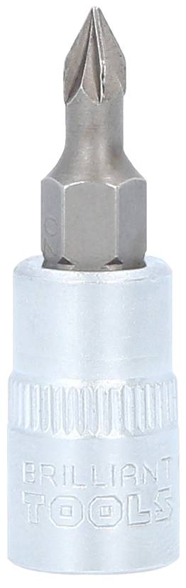 Ein silberner Schraubendrehereinsatz mit der Aufschrift 'BRILLIANT TOOLS', geformt mit einer spitzen Kreuzschlitzspitze.