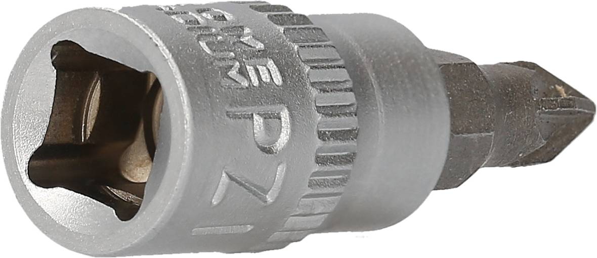 Ein silberner Schraubaufsatz mit eingraviertem Text 'PZ1'. Links eine sechskantige Öffnung, rechts eine Spitze für Kreuzschlitzschrauben.