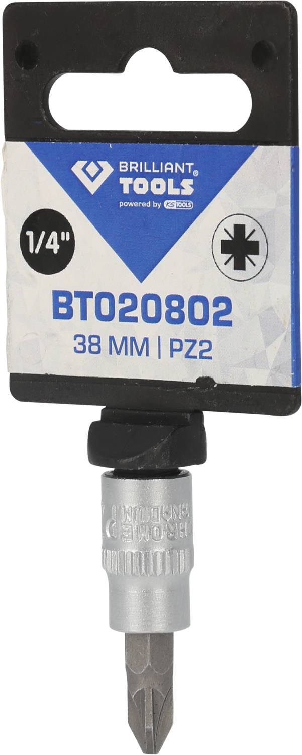 Schrauberbit, Größe 1/4 Zoll, mit Kreuzschlitzkopf PZ2, Länge 38 mm, Marke 'Brilliant Tools'.